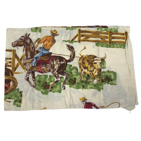 Set of Two 1950-60s Cowboy Western Rodeo Pillow Cases Fabric Horse Steer w/ Flaw - Picture 5 of 9